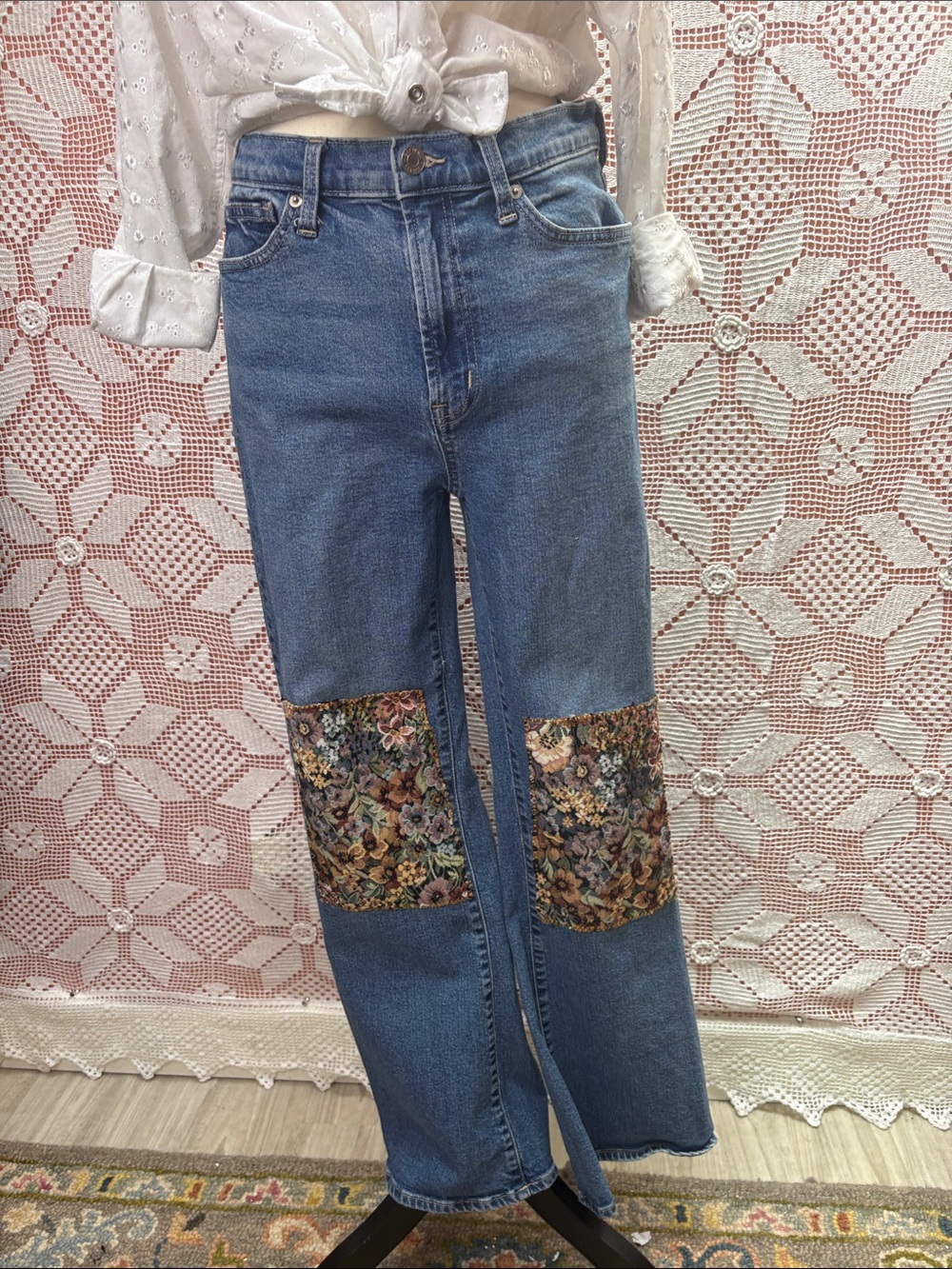 Blue Floral Patchwork High-Waist Women’s Jeans